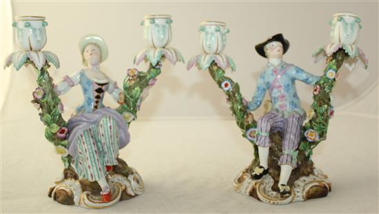 A pair of Meissen figural candelabra, later 19th century, height 19.5cm, typical minor losses to flowers